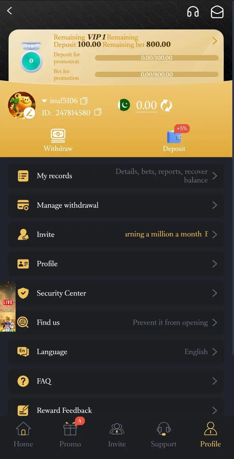 M999 Withdrawal Dashboard Screenshot